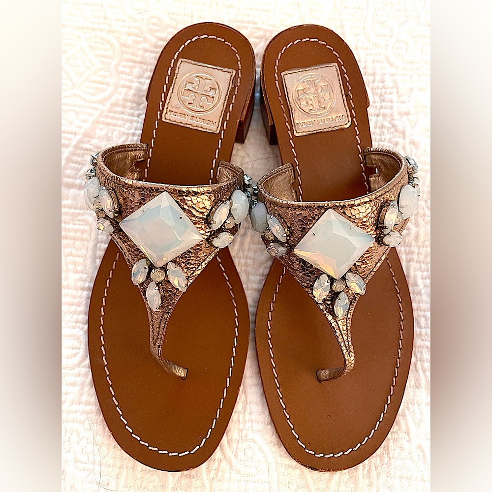 Tory Burch Tan All Leather Sandals, Opalescent Gems on Gold Leather,almost new!